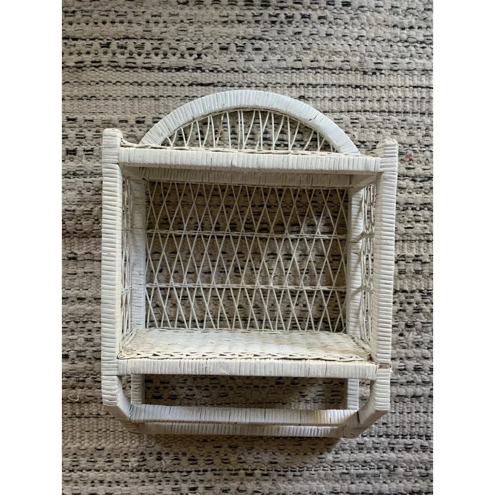 Vintage White Wicker Wall Shelf Arched Rattan 2 Tier Towel Bar Boho Cottagecore